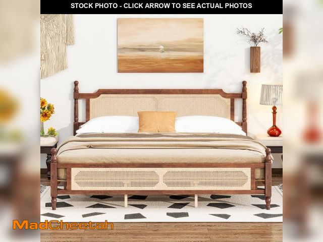 Lot 74-12489284 - KEIKI King Size Wood Platform Bed Frame with Rattan Headboard Ã¯Â¼â  Footboard, Bed with Under-Bed ...