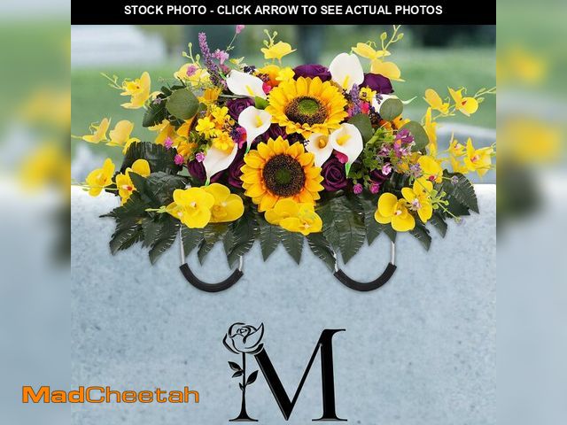 Lot 74-14150278 - Memobloom Artificial Headstone Flower Saddle: Rose Sunflower Cemetery Flowers for Grave - Outdoor Gr...