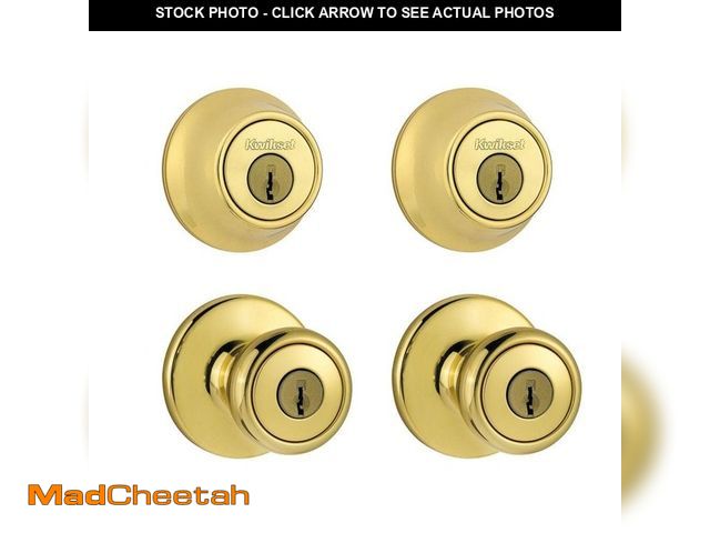 Lot 74-12685102 - Kwikset Tylo Polished Brass Exterior Entry Door Knob and Single Cylinder Deadbolt Project Pack Combo...