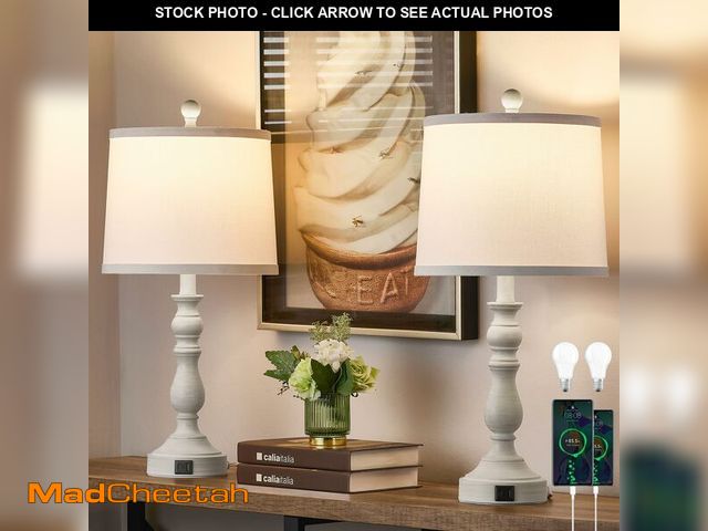 Lot 74-14269393 - Leasgy 23'' Farmhouse Table Lamps for Living Room Set of 2 with USB C+A Ports, Retro Bedside Lamp fo...