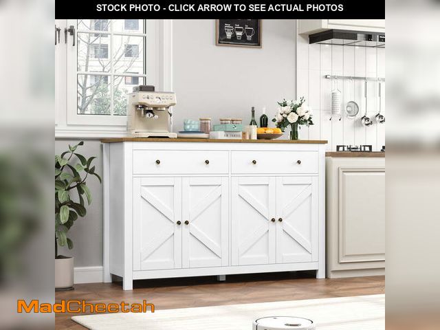 Lot 74-12780923 - Homfa Farmhouse Kitchen Sideboard, 4-Doors 2-Drawers Wood Buffet Cabinet with Adjustable Shelves, Wh...