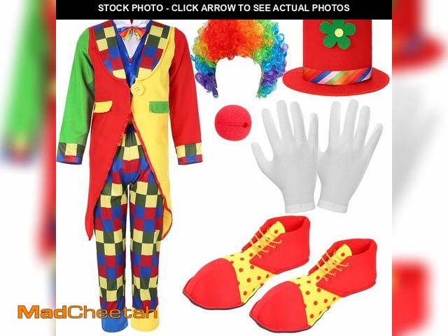 Lot 74-12980033 - Yahenda 7 Pcs Clown Costume Set Halloween Cosplay Clown Red Nose Wig Shoes Hat Accessories Circus Ca...