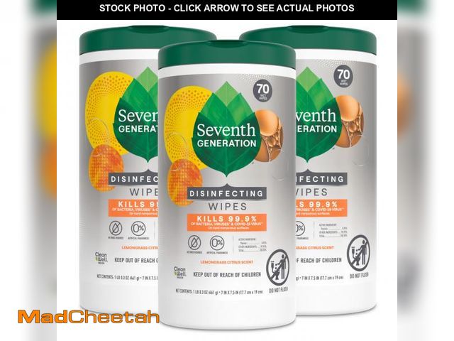 Lot 74-12442136 - Seventh Generation Disinfecting Multi-Surface Wipes, Lemongrass Citrus, 70 Count, Pack of 3 (Packagi...