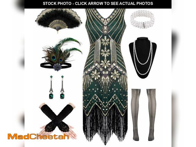 Lot 74-14205066 - 1920s Dresses for Women, Flapper Dress Lace Fan Feather Headband Sequins Beads Fringes 20s Accessori...