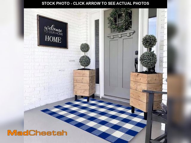 Lot 74-12329620 - MUBIN Cotton Buffalo Plaid Rug, 3'x5' Blue and White Outdoor Rug Front Door Decorative Mat, Hand-Wov...