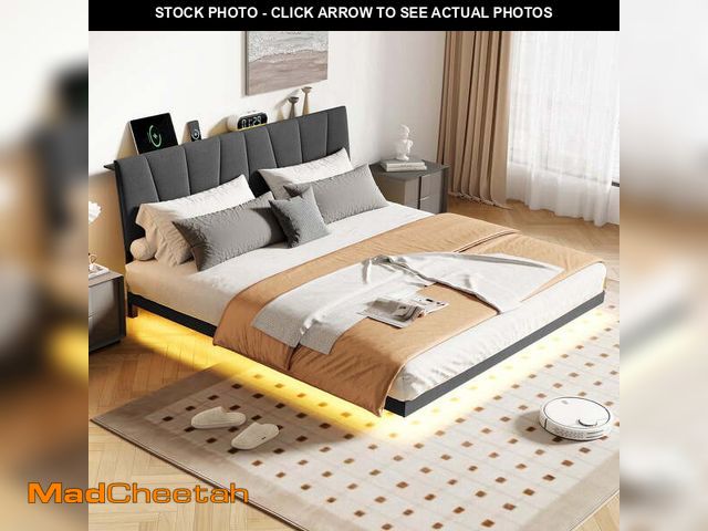 Lot 74-14071044 - Neche Floating Upholstered Twin Full Queen King Platform Bed Frame with LED Lights, Charging Station...