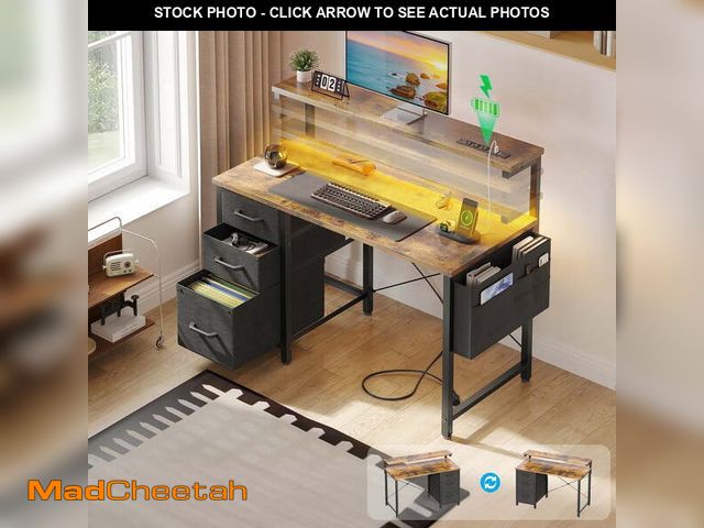 Lot 74-12668873 - 40 inch Computer Desk with Power Outlets &amp; LED Lights, Home Office Desk with 3 Drawers &amp; Adj...