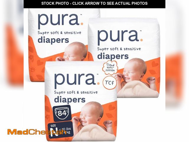 Lot 74-14212699 - Pura Newborn Baby Diapers Size N (Up to 10 lbs), 3 Pack (84 Hypoallergenic Diapers) Totally Chlorine...