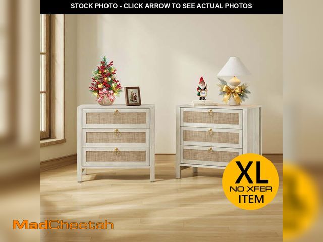 Lot 74-13774624 - (MISSING HARDWARE) SICOTAS 26.78"W White Nightstand 3 Drawer Dresser Set of 2, Boho Night Stands Lar...