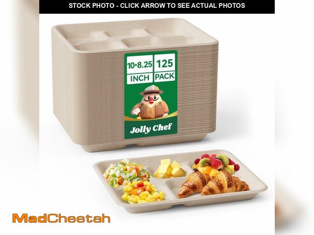 Lot 74-12878004 - JOLLY CHEF Compostable 5 Compartment Paper Plates 10 * 8.25 * 1 inch [125 Pack] Small Heavy Duty Div...