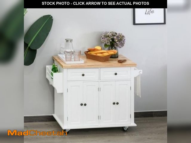Lot 74-12253474 - Rolling White Kitchen Island Cart with Rubberwood Top, Spice Rack, Towel Rack, and Drawers - UNUSED