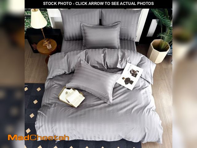 Lot 74-13566111 - Amolavet Hotel Duvet Cover Queen Size 3 Pcs Set Cotton Dark Grey Satin Striped Textured with Zipper ...
