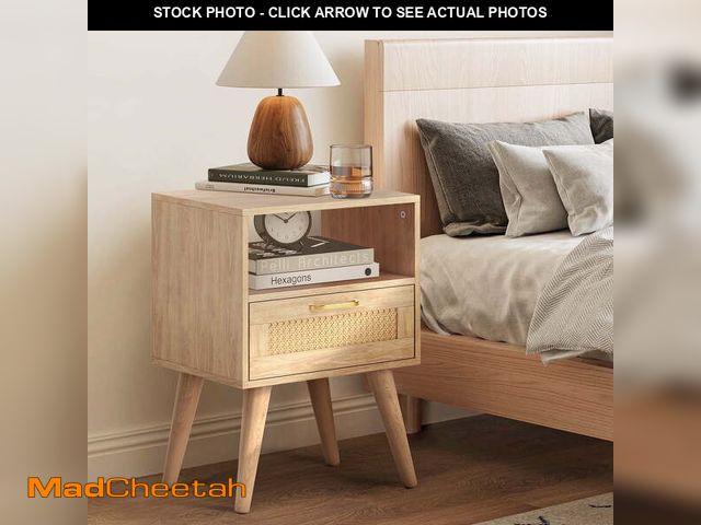 Lot 74-12833804 - (MISSING HARDWARE) Capri Rattan Nightstand with Drawer Open Shelf and Solid Wood Feet, Cane Accent S...