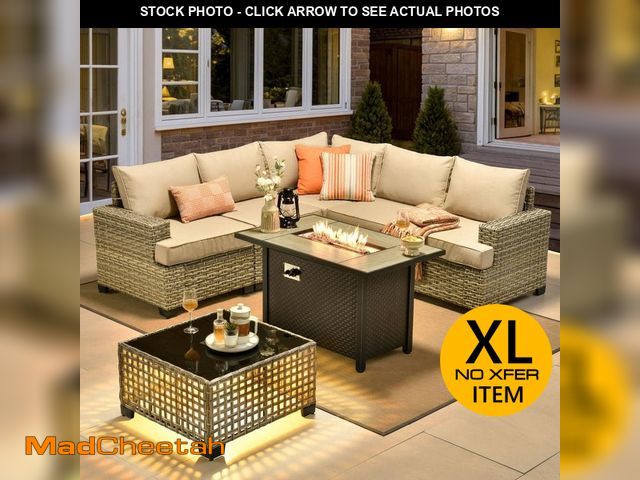 Lot 74-14392624 - HOOOWOOO Kelleys 7-Piece Wicker Outdoor Patio Conversation Sofa Sectional Set with a Fire Pit and Be...