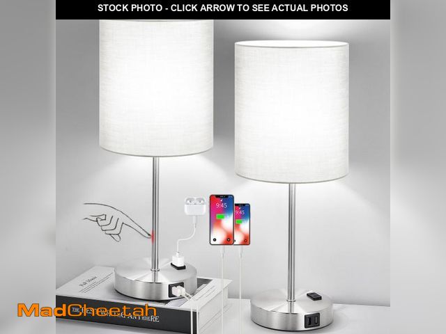 Lot 74-11556457 - Set of 2 Touch Grey Table Lamps with 2 USB Ports &amp; AC Outlet, 3-Way Dimmable Bedside Nightstand ...