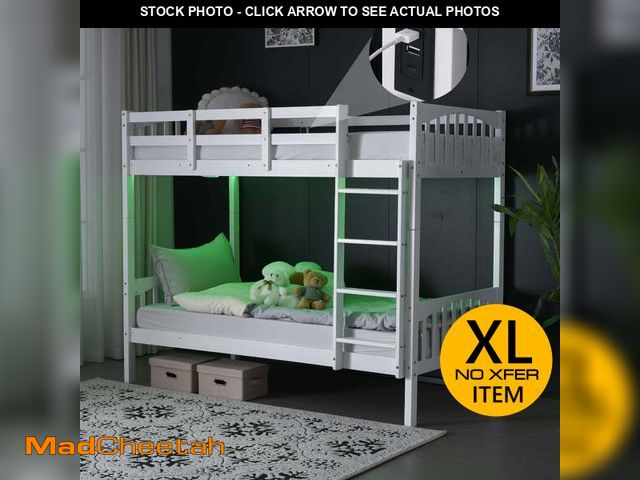 Lot 74-14308651 - Ktaxon Twin-over-Twin Size Bunk Bed, Wood Bed Frame with 14.57" Height Guardrail, LED and Charging S...