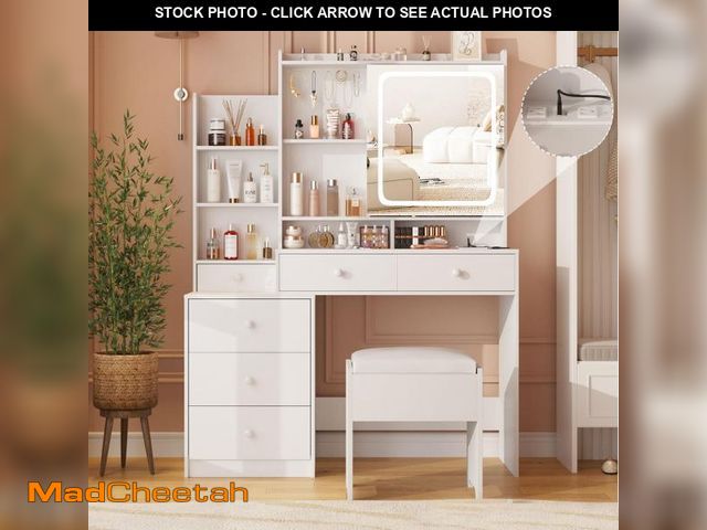 Lot 74-12161109 - Vabches Vanity Makeup Mirror Desk with Stool,Makeup Vanity Set with 6 Drawers and Shelves,Vanity Tab...