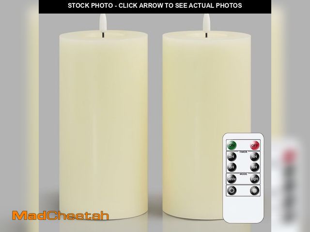 Lot 74-12707870 - Zevanor Flameless Flickering 4" x8" Real Wax Ivory Remote Candles with Candle Grease, Pack of 2 Time...