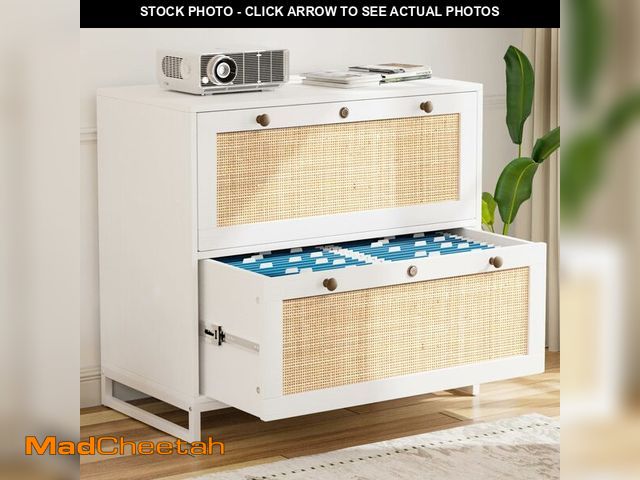 Lot 74-13782933 - VINGLI White &amp; Natural Rattan 2 Drawer Lateral File Cabinet with Lock, Wood Locking File Cabinet...