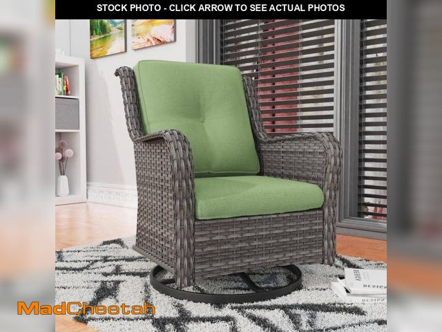 Lot 74-12093632 - JOYSIDE Wicker Outdoor Rocking Chair Patio Swivel with Green Cushions - UNUSED