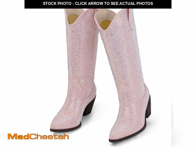 Lot 74-12456602 - MISSMILLER WomenÃ¢â¬â¢s Rhinestone Cowboy Boots Mid Calf Pointed Toe Sparkly Block Heel Cowgirl Bo...