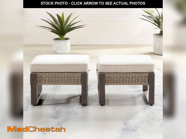 Lot 74-12639070 - Wicker Outdoor Patio Ottoman with Steel Frame and Beige Cushions (Set of 2) - UNUSED