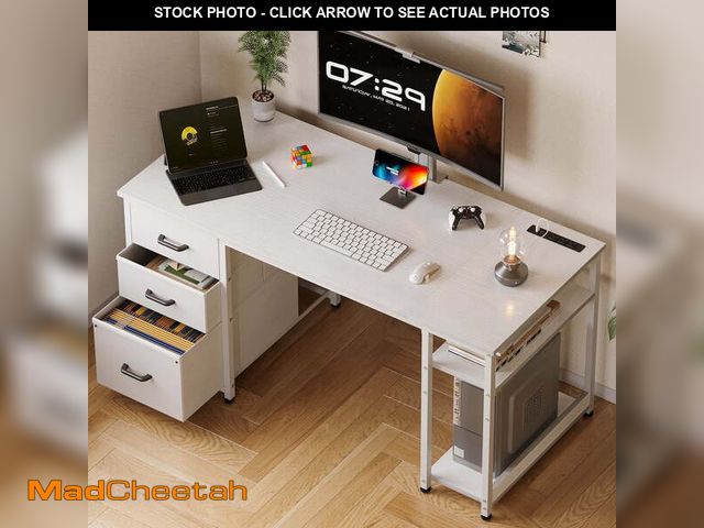 Lot 74-13779913 - 51 Inch Computer Desk with File Drawers &amp; USB Power Outlets- Reversible Home Office Desk with St...