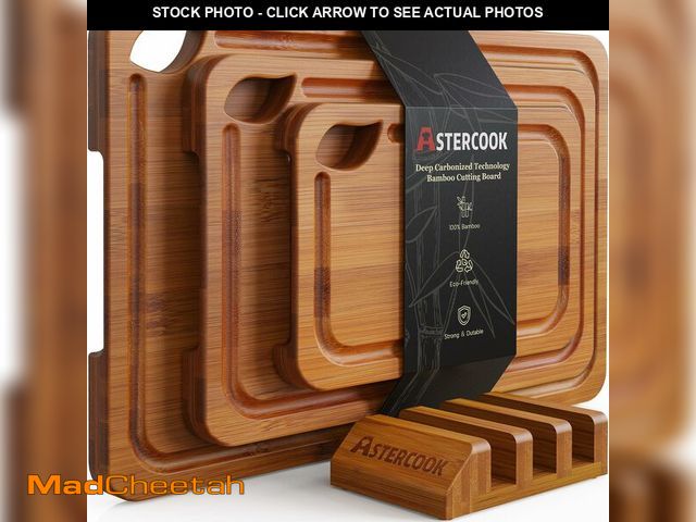 Lot 74-14045203 - Astercook Deep-Carbonized Bamboo Cutting Boards for Kitchen with Wood Storage Stand, Reversible Char...