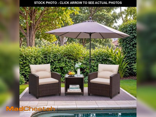 Lot 74-12251736 - Tozey Brown 3-Piece Wicker Patio Conversation Set with Cream Cushions - UNUSED
