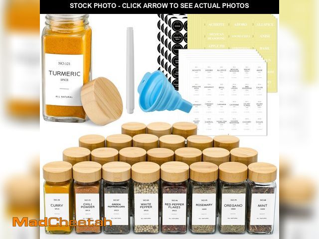 Lot 74-14211773 - NETANY 24 Pcs Glass Spice Jars with Bamboo Lids, 4 oz Glass Jars with Minimalist Farmhouse Spice Lab...