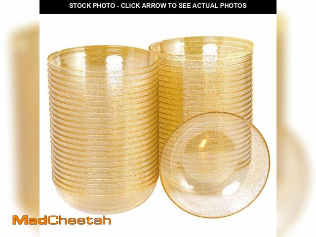 Lot 74-12710223 - bUCLA 50Pack Gold Glitter Plastic Bowls - 10oz Disposable Crystal Salsa/Dessert Bowls for Wedding &a...
