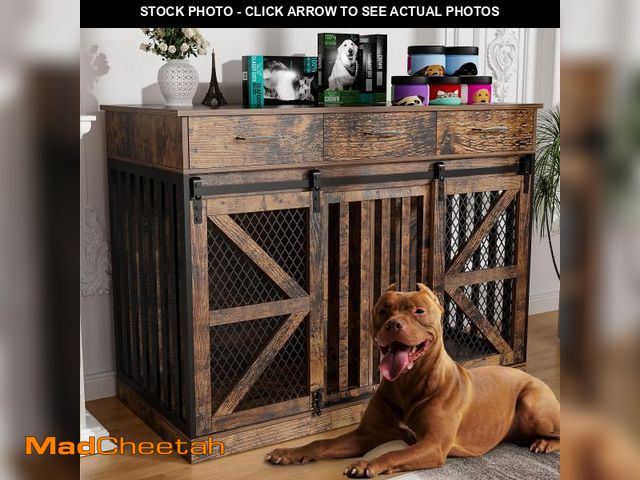 Lot 74-12149159 - kepptory 48'' Dog Crate Furniture with Removable Divider &amp; Storage Drawers, Wooden Double Dog Ca...