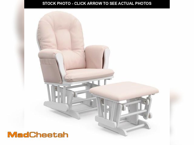 Lot 74-12786764 - (MISSING HARDWARE) Storkcraft Premium Hoop Glider &amp; Ottoman (White/Pink) Ã¢â¬â EENGUARD Gold ...