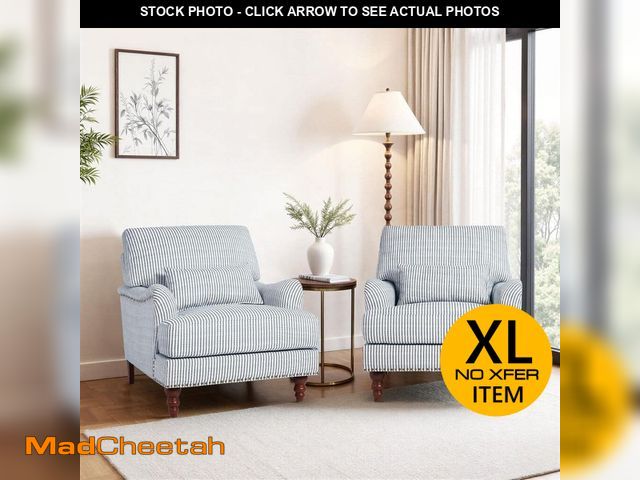 Lot 74-14280474 - Uixe Pinstripe Blue Flared Arm Linen Arm Chair with Wood Legs (Set of 2) - UNUSED