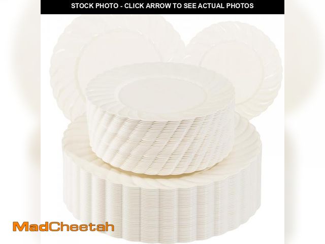 Lot 74-11558269 - U-QE 100 Piece Ivory Scalloped Plastic Plates for Party - Plastic Plates Disposable Heavy Duty - Hig...