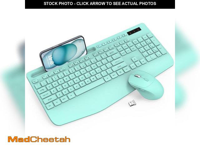 Lot 74-12444392 - Wireless Keyboard and Mouse Combo - Full-Sized Ergonomic Keyboard with Wrist Rest, Phone Holder, Sle...