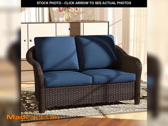 Lot 74-12495602 - Gardenbee Brown Wicker Outdoor Patio Loveseat Sofa Couch with Blue Cushions - UNUSED