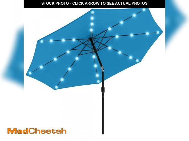 Lot 74-12492449 - Pure Garden Solar LED 10 ft. Patio Market Umbrella with Lights and UV 30 plus Protection, Blue - UNU...