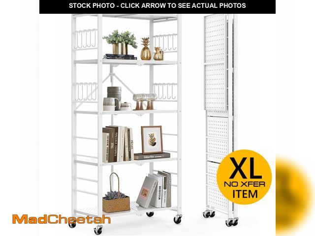 Lot 74-12569494 - Himix 5-Tier Storage Folding Shelf with 20 Hooks, 4 Wheels, and Adjustable Feet, Stainless Steel - U...