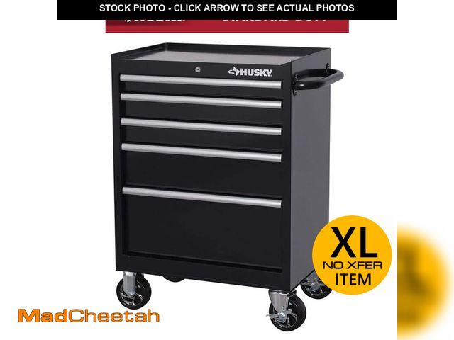 Lot 74-14368629 - *DIRTY/MISSING KEYS* Husky Tool Storage 27 in. W x 18 in. D 5-Drawer Gloss Black Rolling Tool Cabine...