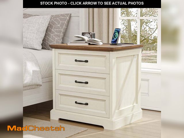 Lot 74-13043334 - Hommpa Farmhouse 3 Drawers Nightstand with Charging Station, Rustic Wood Night Stand with Drawers fo...