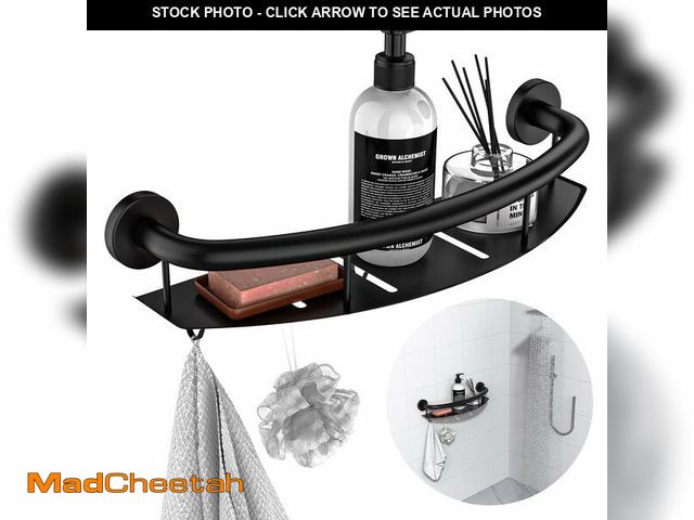 Lot 74-12970022 - Black 18-inch Safety Grab Bar with Storage Shelf for Bathtub or Shower, Drainage Holes, Stainless St...