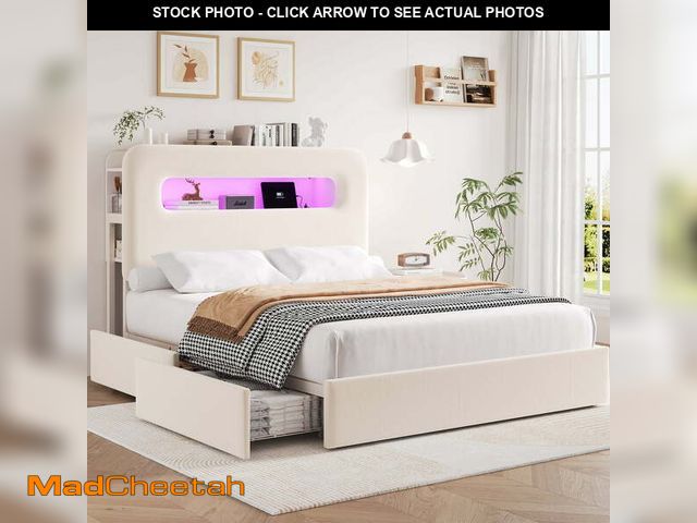 Lot 74-14071001 - Homfa Full Size Velvet Upholstered Bed with LED Lights &amp; 2 Drawers, Storage Headboard Platform B...