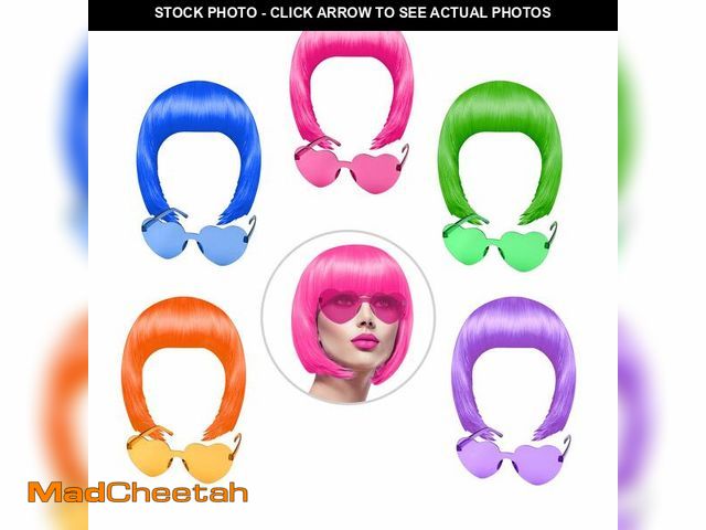Lot 74-13571179 - KUUQA 10 Pieces Party Wigs and Sunglass Set, Neon Short Bob Wig Sunglass Pack Costume Colorful Cospl...