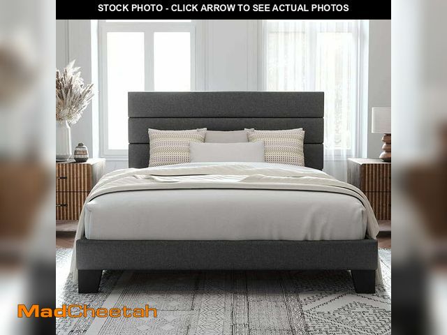 Lot 74-12937303 - Allewie Queen Size Platform Bed Frame with Fabric Upholstered Headboard, No Box Spring Needed, Dark ...