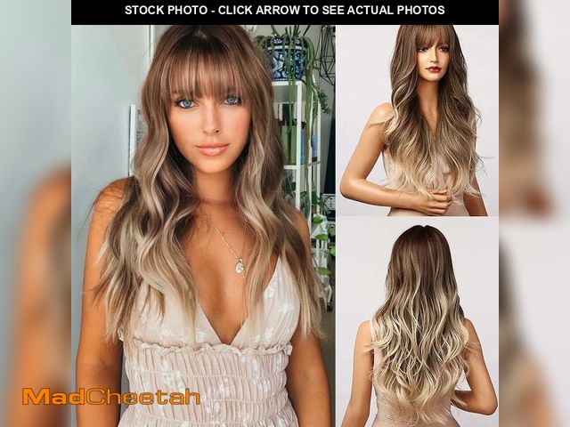 Lot 74-13544059 - Honygebia Light Brown Wig with Bangs - Long Ombre Wavy Wigs for White Women, Ash White Synthetic Hea...