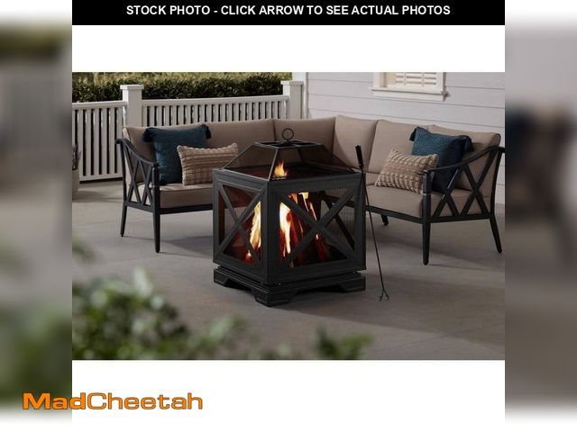 Lot 74-12516877 - Hampton Bay Westbury 25.98 in.W Black Steel Wood Outdoor Fire Pit with Cover, Cooking Grate, and Pok...