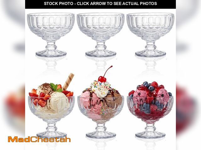 Lot 74-14155243 - Youeon 6 Pack Vintage Embossed Glass Dessert Cups, 12oz Footed Sundae Glasses for Ice Cream, Parfait...