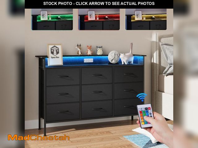 Lot 74-12389761 - ELYKEN Black Dresser for Bedroom with LED Light &amp; Charging Station, 9 PU Finish Fabric Drawers D...