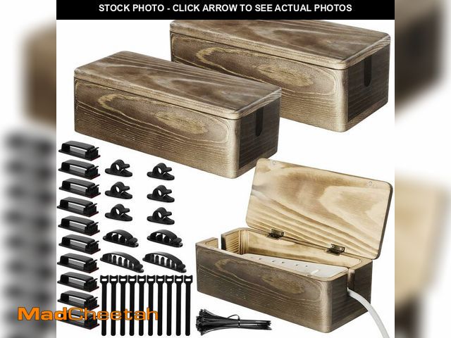 Lot 74-12609047 - Wesnoy 3 Pcs 3 Size Wooden Cable Box Organizer Set with 130 Pcs Cable Management Kit, Desk Cord Hide...